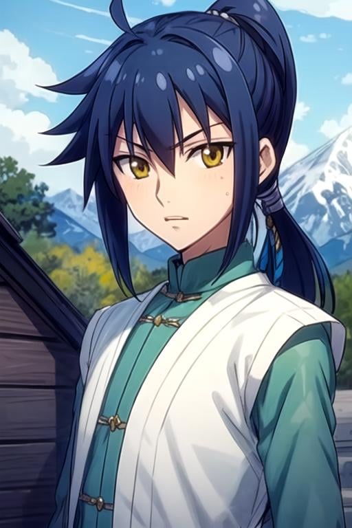 masterpiece, best quality, sketch, 1boy, solo, male focus, looking at viewer, upper body, , anime coloring, , <lora:jinghua_yang:0.68>, jinghua_yang, blue hair, yellow eyes, long hair, ponytail, low ponytail, outlaw costume, mountain,