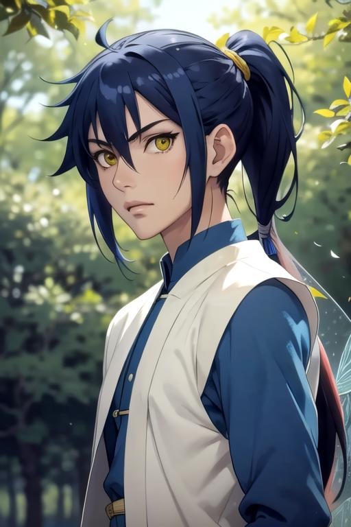 masterpiece, best quality, sketch, 1boy, solo, male focus, looking at viewer, upper body, depth of field, anime coloring, , <lora:jinghua_yang:0.74>, jinghua_yang, blue hair, yellow eyes, long hair, ponytail, low ponytail, fairy tale costume, , High resolution