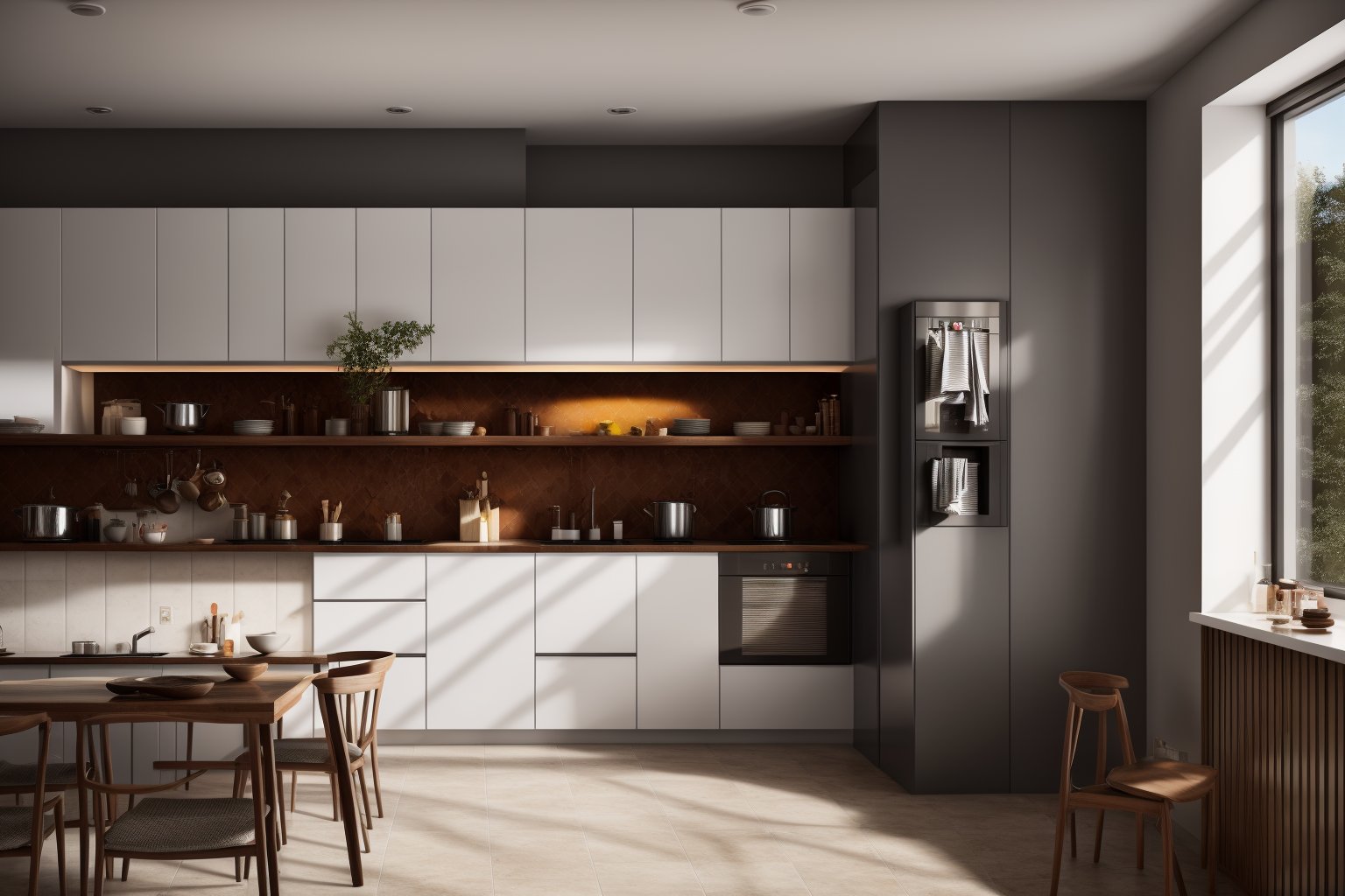 interior, a kitchen with a table and chairs and a wine rack in the middle of the room with a window, Dahlov Ipcar, vray render, a 3D render, photorealisminterior, food, indoors, no humans, window, chair, table, plant, scenery, plate, shelf, kitchen, frying pan, sink, stoveDive into the ultra-detailed 8k masterpiece, carefully crafted with photorealistic precision of 1.37 ratio, all in the essence of Nayuta Nordic Modern Interior Design. Art form: Photography. Inspired by the techniques of Annie Leibovitz, the kitchen showcases professional lighting, a scenery where the play of radiosity brightens the room. A stove with a frying pan, a gleaming refrigerator beside tiles and cabinet, a sink with a faucet overlooking a tile wall. On the shelf, there's a spatula, a chair nearby with a plant and some food in a jar. Lens: 35mm. The room basks in a warm color temperature. Perfectly illuminated with ray tracing and the best shadows using physically-based rendering <lora:add_detail:0.5> <lora:more_details:0.5>   <lora:interior02_SDLife_Chiasedamme_v2.0:0.6>