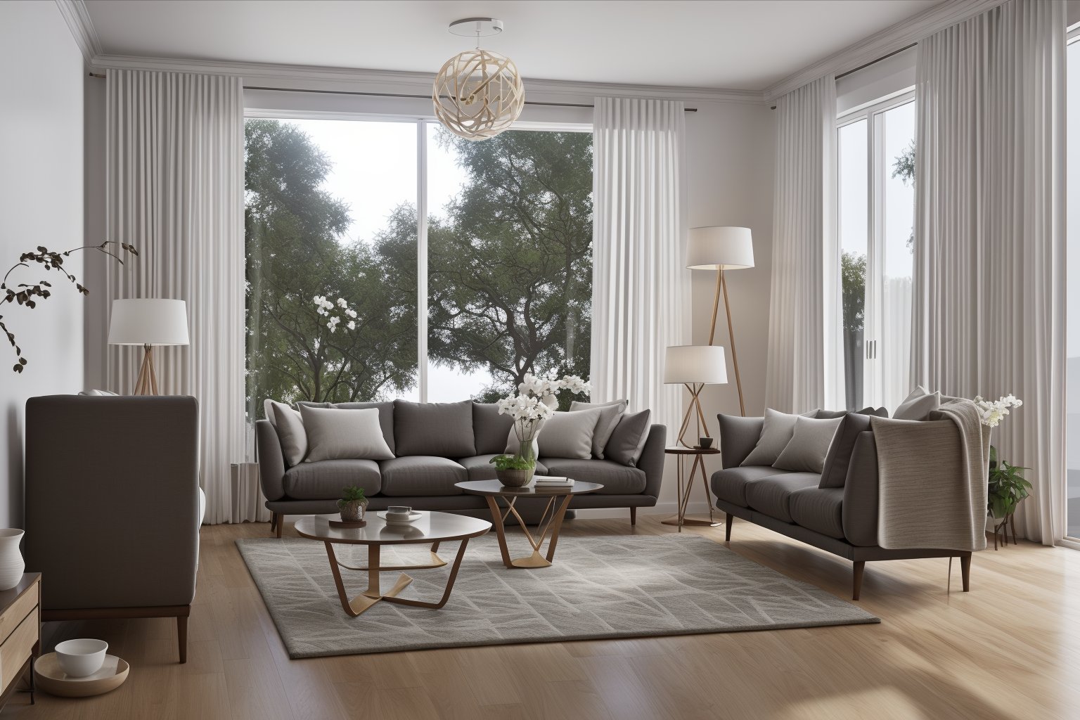 interior, a living room with a couch, chair, table and windows with curtains on them and a chandelier hanging from the ceiling, Enguerrand Quarton, vray render, a digital rendering, photorealisminterior, flower, indoors, tree, no humans, window, chair, table, plant, curtains, scenery, couch, wooden floor, vaseStep into the realms of an 8k masterpiece wallpaper, a nexus of ultra-detail, high resolution, and impeccable shadow play. Rendered in digital illustration, it bears a semblance to the works of Yoko Honda. Set against the backdrop of a Nayuta Nordic Modern Interior Design room, the scene features a chair, a vase flaunting a white flower, a table, swaying curtains, a luxurious couch, a lamp placed near a window, a cup, a spread-out book, and a vibrant plant. The color temperature bathes the room in golden hues, adding to its charm. In the absence of humans, the setting resonates with profound stillness. Ray tracing, photon mapping, and radiosity merge seamlessly with professional lighting to create an ethereal atmosphere  <lora:interior02_SDLife_Chiasedamme_v2.0:0.8>