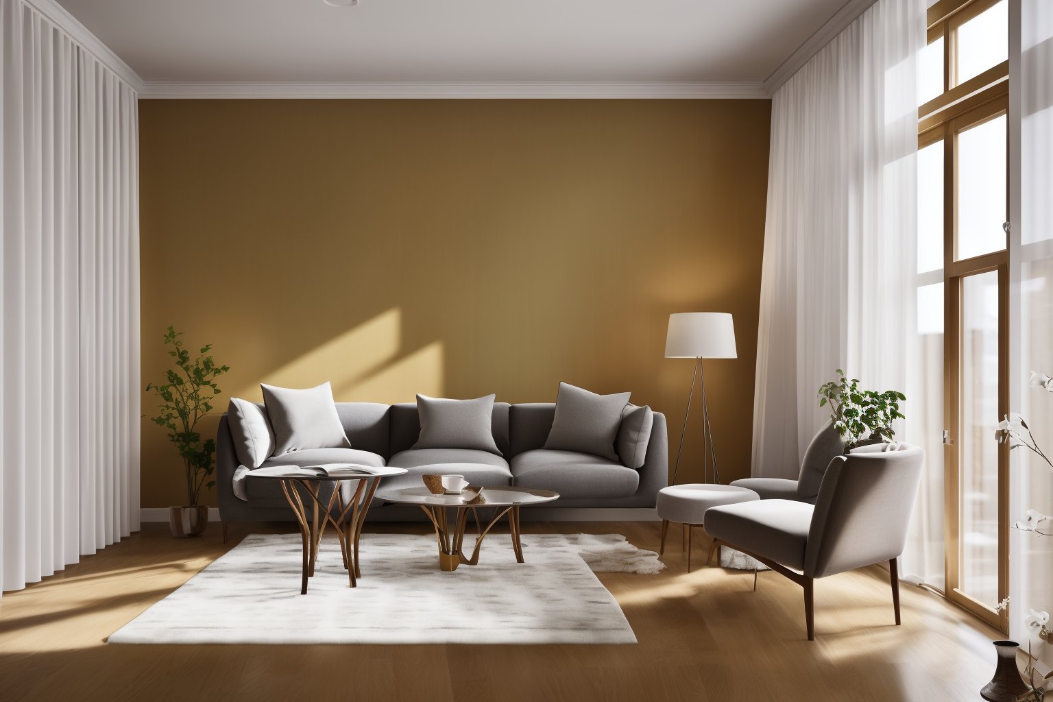 interior, a living room with a couch, chair, table and windows with curtains on them and a chandelier hanging from the ceiling, Enguerrand Quarton, vray render, a digital rendering, photorealisminterior, flower, indoors, tree, no humans, window, chair, table, plant, curtains, scenery, couch, wooden floor, vaseStep into the realms of an 8k masterpiece wallpaper, a nexus of ultra-detail, high resolution, and impeccable shadow play. Rendered in digital illustration, it bears a semblance to the works of Yoko Honda. Set against the backdrop of a Nayuta Nordic Modern Interior Design room, the scene features a chair, a vase flaunting a white flower, a table, swaying curtains, a luxurious couch, a lamp placed near a window, a cup, a spread-out book, and a vibrant plant. The color temperature bathes the room in golden hues, adding to its charm. In the absence of humans, the setting resonates with profound stillness. Ray tracing, photon mapping, and radiosity merge seamlessly with professional lighting to create an ethereal atmosphere  <lora:interior02_SDLife_Chiasedamme_v2.0:0.8>