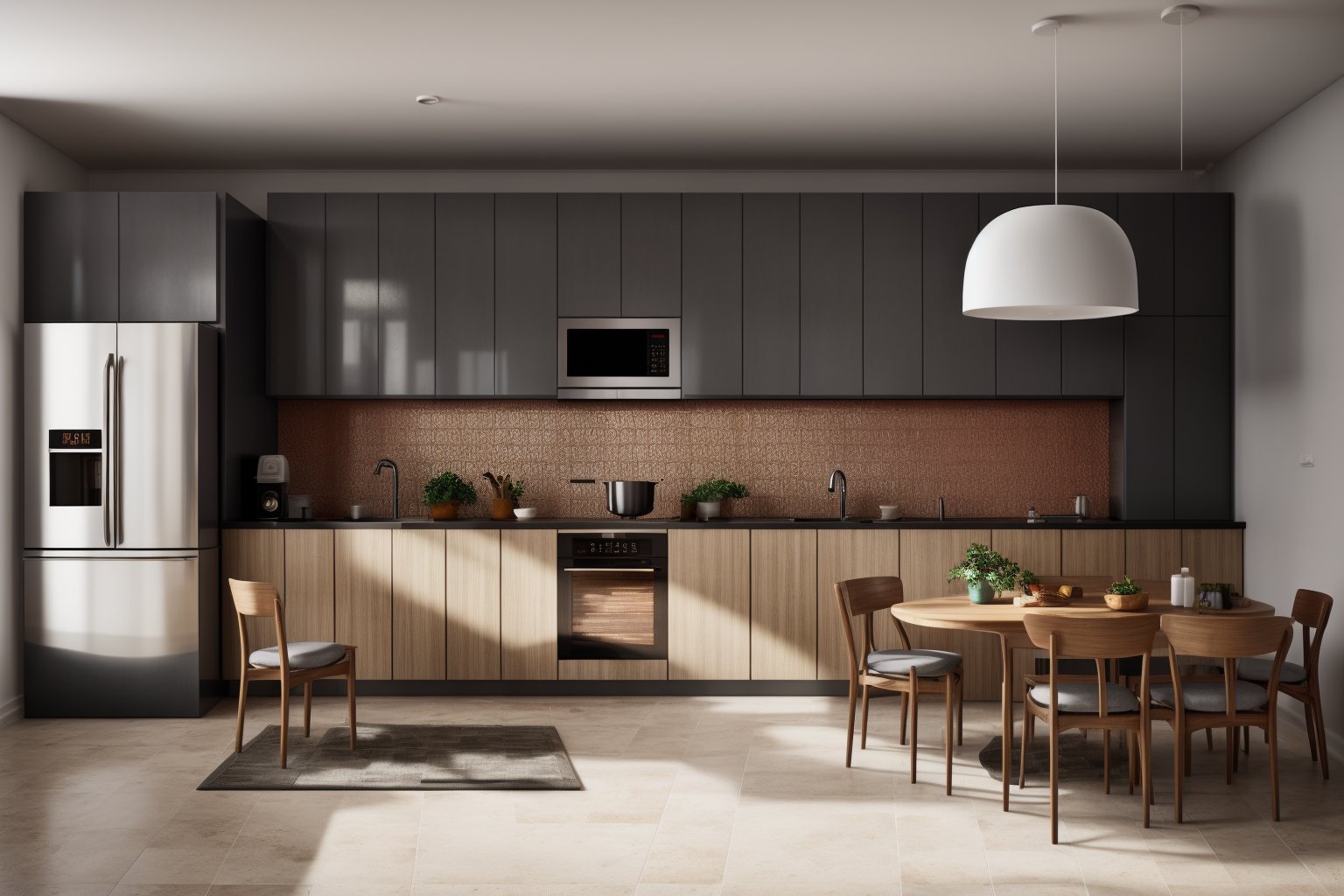 interior, a kitchen with a table and chairs and a wine rack in the middle of the room with a window, Dahlov Ipcar, vray render, a 3D render, photorealisminterior, food, indoors, no humans, window, chair, table, plant, scenery, plate, shelf, kitchen, frying pan, sink, stoveDive into the ultra-detailed 8k masterpiece, carefully crafted with photorealistic precision of 1.37 ratio, all in the essence of Nayuta Nordic Modern Interior Design. Art form: Photography. Inspired by the techniques of Annie Leibovitz, the kitchen showcases professional lighting, a scenery where the play of radiosity brightens the room. A stove with a frying pan, a gleaming refrigerator beside tiles and cabinet, a sink with a faucet overlooking a tile wall. On the shelf, there's a spatula, a chair nearby with a plant and some food in a jar. Lens: 35mm. The room basks in a warm color temperature. Perfectly illuminated with ray tracing and the best shadows using physically-based rendering <lora:add_detail:0.5> <lora:more_details:0.5>   <lora:interior02_SDLife_Chiasedamme_v2.0:0.6>