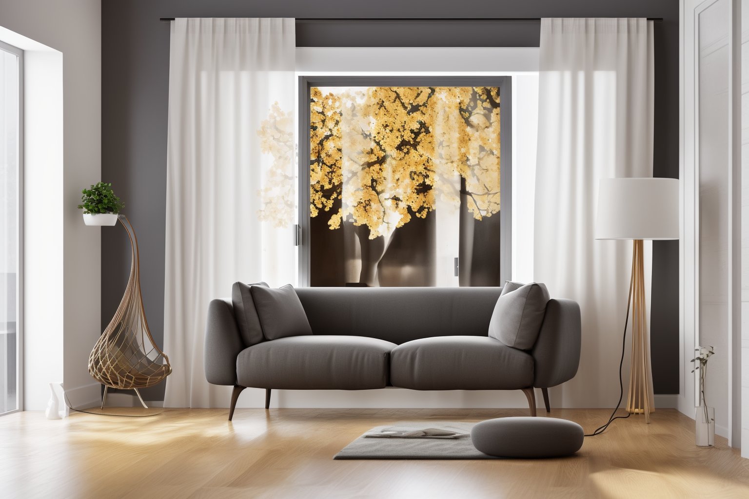 interior, a living room with a couch, chair, table and windows with curtains on them and a chandelier hanging from the ceiling, Enguerrand Quarton, vray render, a digital rendering, photorealisminterior, flower, indoors, tree, no humans, window, chair, table, plant, curtains, scenery, couch, wooden floor, vaseStep into the realms of an 8k masterpiece wallpaper, a nexus of ultra-detail, high resolution, and impeccable shadow play. Rendered in digital illustration, it bears a semblance to the works of Yoko Honda. Set against the backdrop of a Nayuta Nordic Modern Interior Design room, the scene features a chair, a vase flaunting a white flower, a table, swaying curtains, a luxurious couch, a lamp placed near a window, a cup, a spread-out book, and a vibrant plant. The color temperature bathes the room in golden hues, adding to its charm. In the absence of humans, the setting resonates with profound stillness. Ray tracing, photon mapping, and radiosity merge seamlessly with professional lighting to create an ethereal atmosphere  <lora:interior02_SDLife_Chiasedamme_v2.0:0.8>