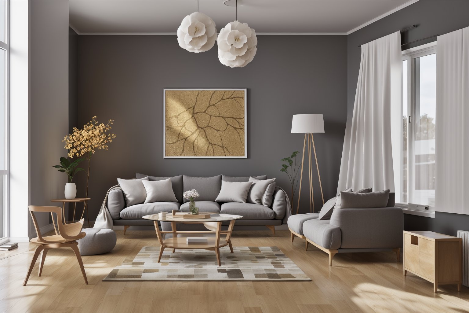 interior, a living room with a couch, chair, table and windows with curtains on them and a chandelier hanging from the ceiling, Enguerrand Quarton, vray render, a digital rendering, photorealisminterior, flower, indoors, tree, no humans, window, chair, table, plant, curtains, scenery, couch, wooden floor, vaseStep into the realms of an 8k masterpiece wallpaper, a nexus of ultra-detail, high resolution, and impeccable shadow play. Rendered in digital illustration, it bears a semblance to the works of Yoko Honda. Set against the backdrop of a Nayuta Nordic Modern Interior Design room, the scene features a chair, a vase flaunting a white flower, a table, swaying curtains, a luxurious couch, a lamp placed near a window, a cup, a spread-out book, and a vibrant plant. The color temperature bathes the room in golden hues, adding to its charm. In the absence of humans, the setting resonates with profound stillness. Ray tracing, photon mapping, and radiosity merge seamlessly with professional lighting to create an ethereal atmosphere  <lora:interior02_SDLife_Chiasedamme_v2.0:0.8>