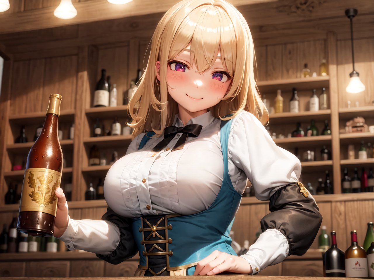 masterpiece, 1 girl, smile, blush, standing, Dirndl, blonde hair, blue eys, mead, bottle, Taverns, middle ages, anime