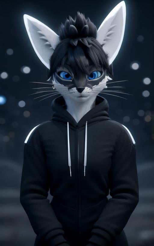 ((((rexouium (((female))) close up face portrait, rim lights, whole body, hoodie)))), blue eyes, egyptian style with golden patterns, (black and white furs and ears), (((spiky hairs, city blurry background))), ESAO, unreal engine 5 quality render, a 3D render, ultra realistic furs, realistic lighs, ultra detailed, (purukogi_anime:1) <lora:rexouium_v1:0.7>   <lora:gachaSplashLORA_gachaSplash31:1>  eonn