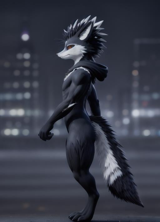 rexouium cyberpunk standing up with white furs and black hoodie, (((spiky hairs, strong rim light, city blurry background, dark scene, side view, cute))), ESAO, unreal engine 5 quality render, a 3D render, ultra realistic furs, realistic lighs, ultra detailed,     <lora:rexouium_v1:0.7>  <lora:gachaSplashLORA_gachaSplash31:1>  eonn  (purukogi_anime:0.5)