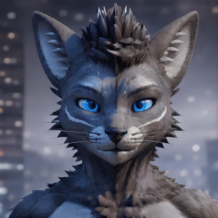 rexouium male ((((close up face portrait)))), blue eyes, red glowing emission patterns on the furs, (black furs and ears), (((spiky wavy hairs, strong rim light, city blurry background))), ESAO, unreal engine 5 quality render, a 3D render, ultra realistic furs, realistic lighs, ultra detailed, <lora:gachaSplashLORA_gachaSplash31:1>  purukogi_anime  <lora:rexouium_v1:0.7>  <lora:bulkedupAI_bulkedupAIR1:0.4>