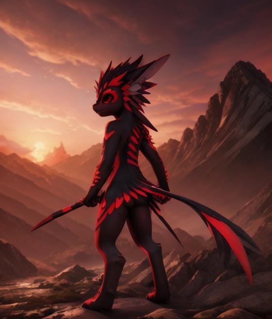 avali, davali, close up with black and red patterns climbing a mountain, back view, unreal engine 5 quality render, a 3D render, furry art, ultra realistic furs, realistic lighs, ultra detailed, <lora:avali_v1:0.7>   <lora:gachaSplashLORA_gachaSplash31:1>  eonn