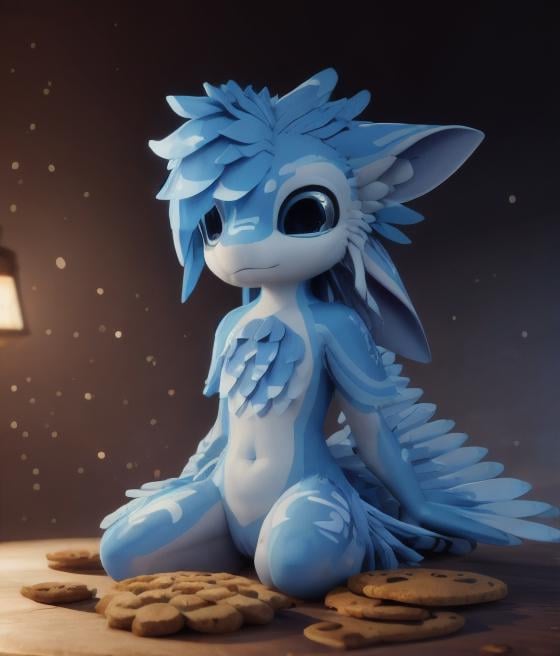 avali, davali, close up with feathers hairs and blue and red patterns sitting at a table with a cookie in front of him, cute, ESAO, unreal engine 5 quality render, a 3D render, furry art, ultra realistic furs, realistic lighs, ultra detailed, <lora:avali_v1:0.7>   <lora:gachaSplashLORA_gachaSplash31:1>  eonn