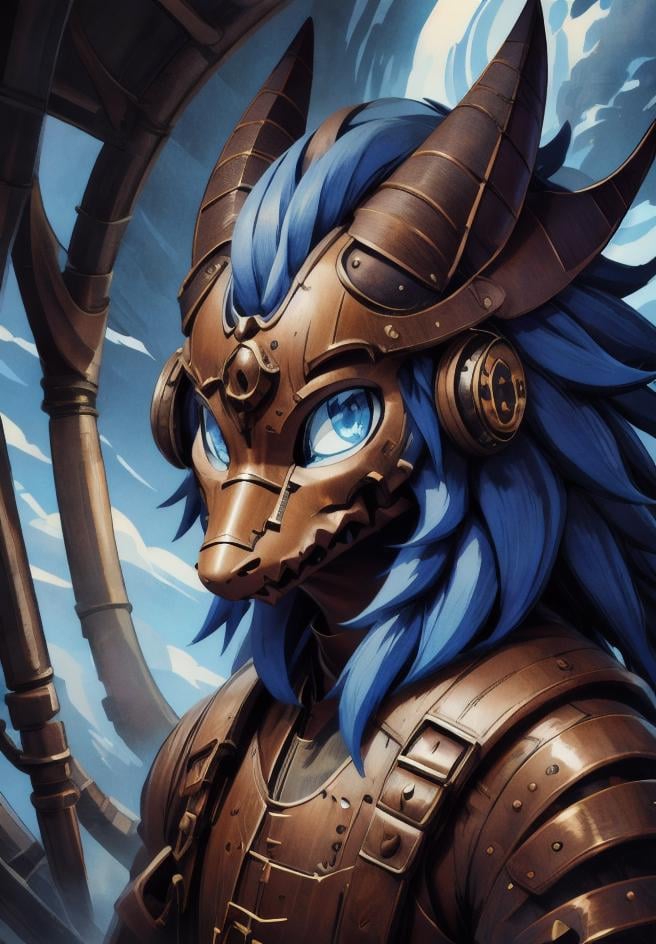 bicolor, wickerbeast portrait, anime, 3/4 view, three-quarter view, blue eyes, steampunk, good colors, cartoon  <lora:vrcfurry_v2-000001:0.8>  <lora:gachaSplashLORA_gachaSplash31:1>  