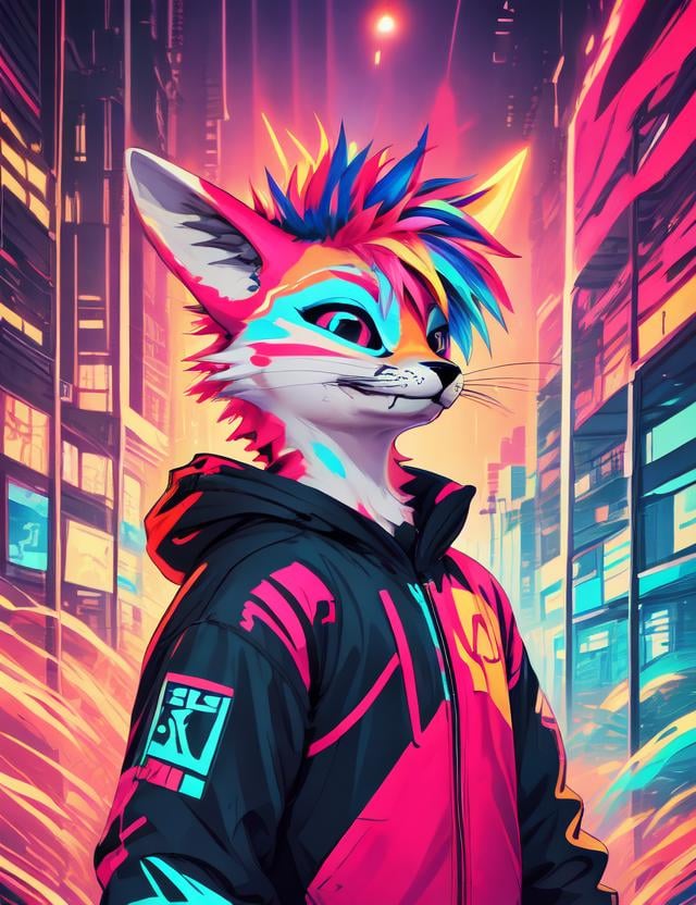 (rexouium:1.2), colorful scene, smiling, cute, dynamic scene, swaggy, drawing, abstract colorful background, close up portrait, spiky hairs, side view, vibrant colors, glowing patterns, large hoodie, cyberpunk city background, round,<lora:vrcfurry_v3.2:0.75>  <lora:lihui-v31-32-16-1e-4-re4-ep4-768:1>