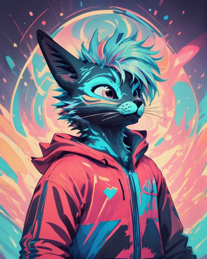 (rexouium:1.2), colorful scene, cute, dynamic scene, swaggy, drawing, round, abstract colorful background, close up portrait, spiky hairs, vibrant colors, glowing patterns, hoodie, pastel, rim lights, three-quarter view,<lora:vrcfurry_v3.2:0.75>  <lora:lihui-v31-32-16-1e-4-re4-ep4-768:1>