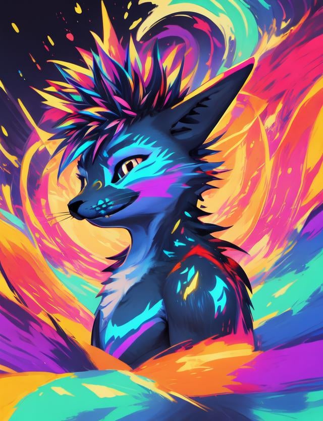 (rexouium:1.2), colorful scene, smiling, cute, dynamic scene, swaggy, drawing, abstract colorful background, close up portrait, spiky hairs, side view, vibrant colors, glowing patterns, very muscular, round,<lora:vrcfurry_v3.2:0.75>  <lora:lihui-v31-32-16-1e-4-re4-ep4-768:1>