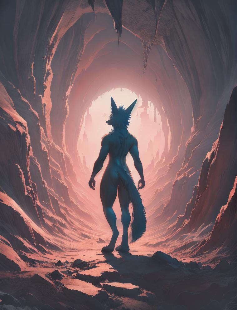 good composition, good colors, monocolor, landscape, in a cave, red orange lights, fog, black rexouium silhouette standing, back view, long fluffy tail<lora:vrcfurry_v3.2-000003:0.8>  <lora:gachaSplashLORA_gachaSplash31:1>