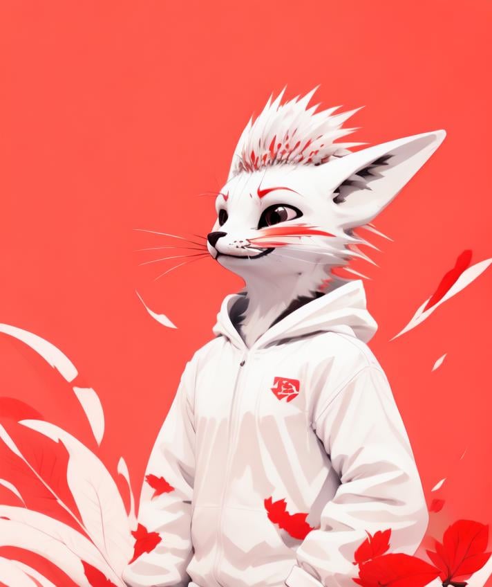 monocolor red, (rexouium:1.2), red ink art, red, epic, painting, good composition, cute, portrait, white hoodie, smiling, 3/4 view, three-quarter view, white feather hairs, portrait, looking up, up view, dynamic red leaves background<lora:vrcfurry_v3.2:0.75>  <lora:lihui-v31-32-16-1e-4-re4-ep4-768:1>