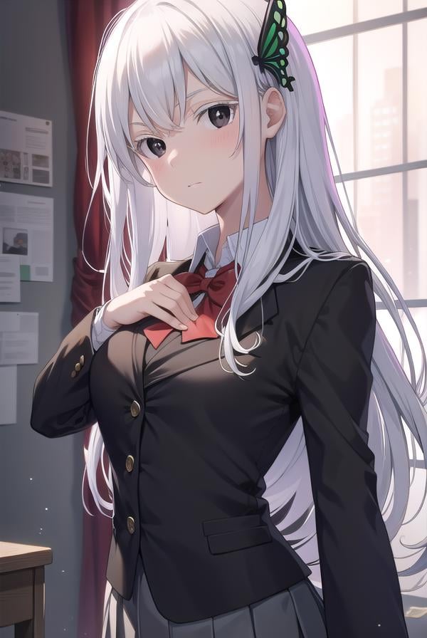 echidna, <lora:echidna-lora-nochekaiser:1>,echidna, colored eyelashes, white hair, hair between eyes, long hair, straight hair, (black eyes:1.5),BREAK alternate costume, black jacket, bow, bowtie, butterfly hair ornament, collared shirt, dress shirt, grey skirt, hair ornament, jacket, long sleeves, pleated skirt, red bow, red bowtie, school uniform, shirt, skirt, white shirt,BREAK looking at viewer, full body,BREAK indoors, classroom,BREAK <lyco:GoodHands-beta2:1>, (masterpiece:1.2), best quality, high resolution, unity 8k wallpaper, (illustration:0.8), (beautiful detailed eyes:1.6), extremely detailed face, perfect lighting, extremely detailed CG, (perfect hands, perfect anatomy),