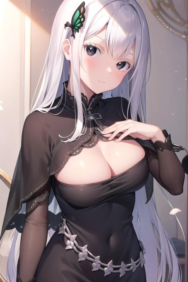 echidna, <lora:echidna-lora-nochekaiser:1>,echidna, colored eyelashes, white hair, hair between eyes, long hair, straight hair, (black eyes:1.5),BREAK black capelet, black dress, butterfly hair ornament, capelet, dress, hair ornament,BREAK looking at viewer, full body,BREAK indoors, classroom,BREAK <lyco:GoodHands-beta2:1>, (masterpiece:1.2), best quality, high resolution, unity 8k wallpaper, (illustration:0.8), (beautiful detailed eyes:1.6), extremely detailed face, perfect lighting, extremely detailed CG, (perfect hands, perfect anatomy),