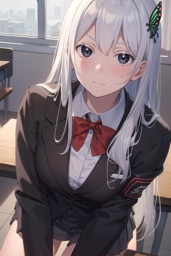 echidna, <lora:echidna-lora-nochekaiser:1>,echidna, colored eyelashes, white hair, hair between eyes, long hair, straight hair, (black eyes:1.5),BREAK alternate costume, black jacket, bow, bowtie, butterfly hair ornament, collared shirt, dress shirt, grey skirt, hair ornament, jacket, long sleeves, pleated skirt, red bow, red bowtie, school uniform, shirt, skirt, white shirt,BREAK looking at viewer, full body,BREAK indoors, classroom,BREAK <lyco:GoodHands-beta2:1>, (masterpiece:1.2), best quality, high resolution, unity 8k wallpaper, (illustration:0.8), (beautiful detailed eyes:1.6), extremely detailed face, perfect lighting, extremely detailed CG, (perfect hands, perfect anatomy),