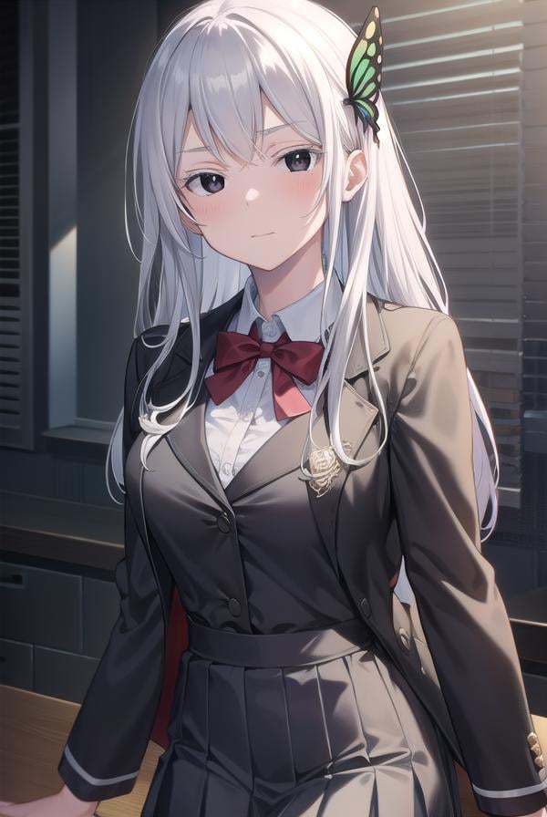 echidna, <lora:echidna-lora-nochekaiser:1>,echidna, colored eyelashes, white hair, hair between eyes, long hair, straight hair, (black eyes:1.5),BREAK alternate costume, black jacket, bow, bowtie, butterfly hair ornament, collared shirt, dress shirt, grey skirt, hair ornament, jacket, long sleeves, pleated skirt, red bow, red bowtie, school uniform, shirt, skirt, white shirt,BREAK looking at viewer, full body,BREAK indoors, classroom,BREAK <lyco:GoodHands-beta2:1>, (masterpiece:1.2), best quality, high resolution, unity 8k wallpaper, (illustration:0.8), (beautiful detailed eyes:1.6), extremely detailed face, perfect lighting, extremely detailed CG, (perfect hands, perfect anatomy),