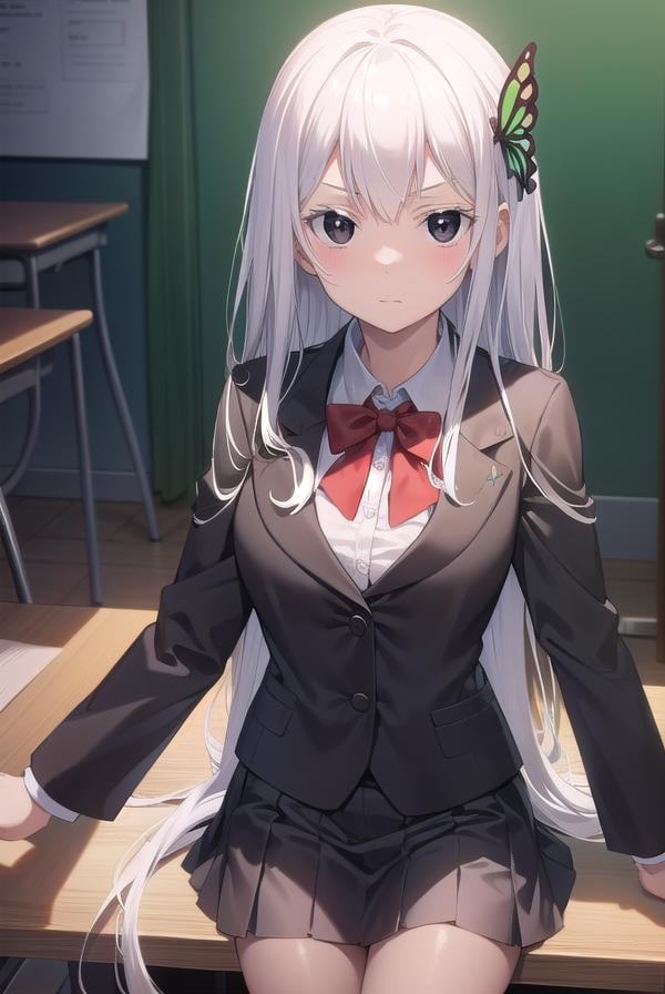 echidna, <lora:echidna-lora-nochekaiser:1>,echidna, colored eyelashes, white hair, hair between eyes, long hair, straight hair, (black eyes:1.5),BREAK alternate costume, black jacket, bow, bowtie, butterfly hair ornament, collared shirt, dress shirt, grey skirt, hair ornament, jacket, long sleeves, pleated skirt, red bow, red bowtie, school uniform, shirt, skirt, white shirt,BREAK looking at viewer, full body,BREAK indoors, classroom,BREAK <lyco:GoodHands-beta2:1>, (masterpiece:1.2), best quality, high resolution, unity 8k wallpaper, (illustration:0.8), (beautiful detailed eyes:1.6), extremely detailed face, perfect lighting, extremely detailed CG, (perfect hands, perfect anatomy),