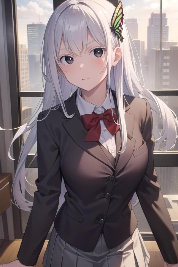 echidna, <lora:echidna-lora-nochekaiser:1>,echidna, colored eyelashes, white hair, hair between eyes, long hair, straight hair, (black eyes:1.5),BREAK alternate costume, black jacket, bow, bowtie, butterfly hair ornament, collared shirt, dress shirt, grey skirt, hair ornament, jacket, long sleeves, pleated skirt, red bow, red bowtie, school uniform, shirt, skirt, white shirt,BREAK looking at viewer, full body,BREAK indoors, classroom,BREAK <lyco:GoodHands-beta2:1>, (masterpiece:1.2), best quality, high resolution, unity 8k wallpaper, (illustration:0.8), (beautiful detailed eyes:1.6), extremely detailed face, perfect lighting, extremely detailed CG, (perfect hands, perfect anatomy),