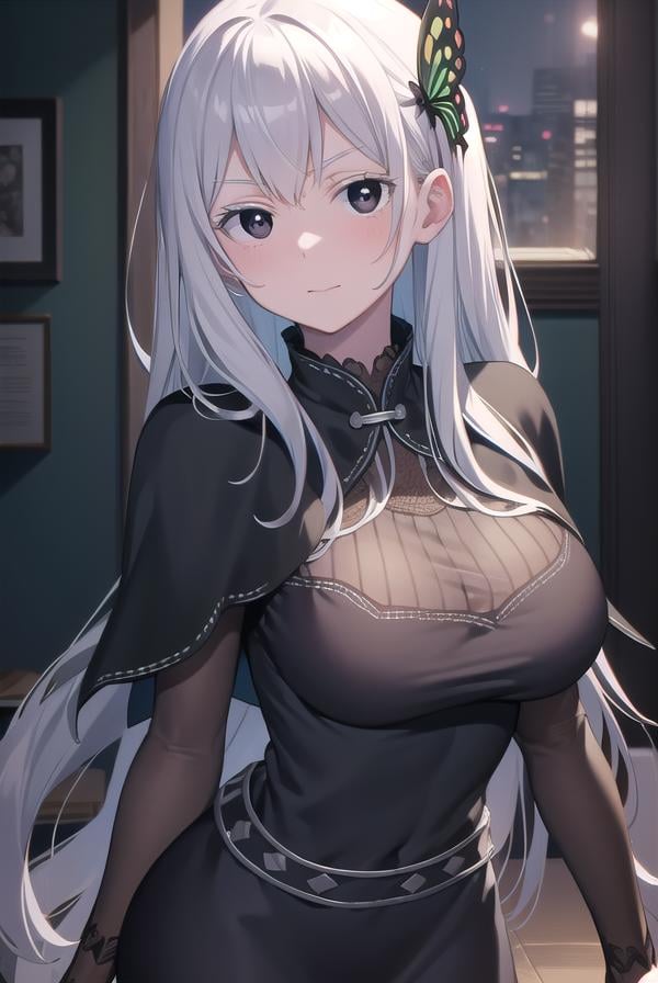 echidna, <lora:echidna-lora-nochekaiser:1>,echidna, colored eyelashes, white hair, hair between eyes, long hair, straight hair, (black eyes:1.5),BREAK black capelet, black dress, butterfly hair ornament, capelet, dress, hair ornament,BREAK looking at viewer, full body,BREAK indoors, classroom,BREAK <lyco:GoodHands-beta2:1>, (masterpiece:1.2), best quality, high resolution, unity 8k wallpaper, (illustration:0.8), (beautiful detailed eyes:1.6), extremely detailed face, perfect lighting, extremely detailed CG, (perfect hands, perfect anatomy),