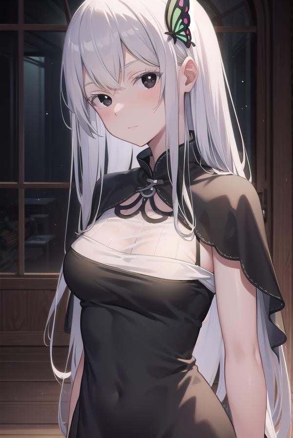 echidna, <lora:echidna-lora-nochekaiser:1>,echidna, colored eyelashes, white hair, hair between eyes, long hair, straight hair, (black eyes:1.5),BREAK black capelet, black dress, butterfly hair ornament, capelet, dress, hair ornament,BREAK looking at viewer, full body,BREAK indoors, classroom,BREAK <lyco:GoodHands-beta2:1>, (masterpiece:1.2), best quality, high resolution, unity 8k wallpaper, (illustration:0.8), (beautiful detailed eyes:1.6), extremely detailed face, perfect lighting, extremely detailed CG, (perfect hands, perfect anatomy),