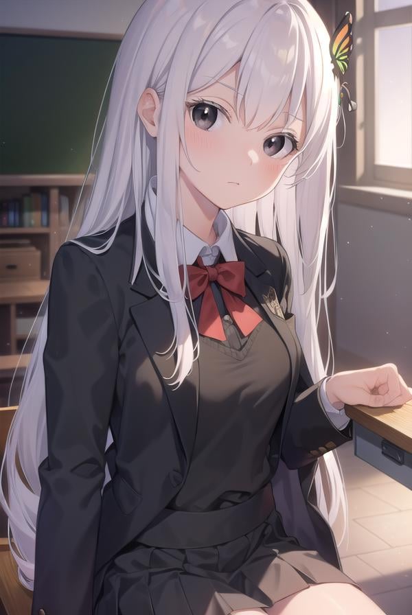 echidna, <lora:echidna-lora-nochekaiser:1>,echidna, colored eyelashes, white hair, hair between eyes, long hair, straight hair, (black eyes:1.5),BREAK alternate costume, black jacket, bow, bowtie, butterfly hair ornament, collared shirt, dress shirt, grey skirt, hair ornament, jacket, long sleeves, pleated skirt, red bow, red bowtie, school uniform, shirt, skirt, white shirt,BREAK looking at viewer, full body,BREAK indoors, classroom,BREAK <lyco:GoodHands-beta2:1>, (masterpiece:1.2), best quality, high resolution, unity 8k wallpaper, (illustration:0.8), (beautiful detailed eyes:1.6), extremely detailed face, perfect lighting, extremely detailed CG, (perfect hands, perfect anatomy),