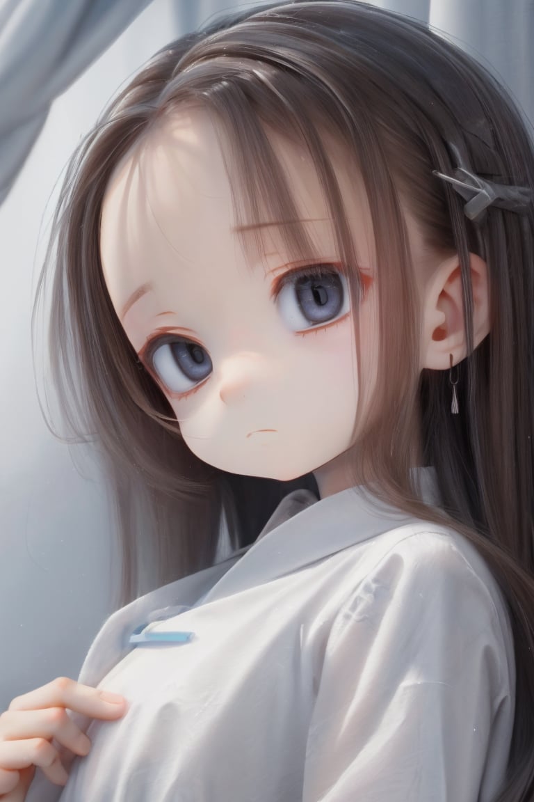 little girl,loli,solo,close-up,flat chest,blonde hair, long hair,(hairline:1.3),puffy hair,wavy hair,black eyes,(half-closed eyes:1.0),sleeply,(expressionless:1.2),unconscious,hollow,china shirt,