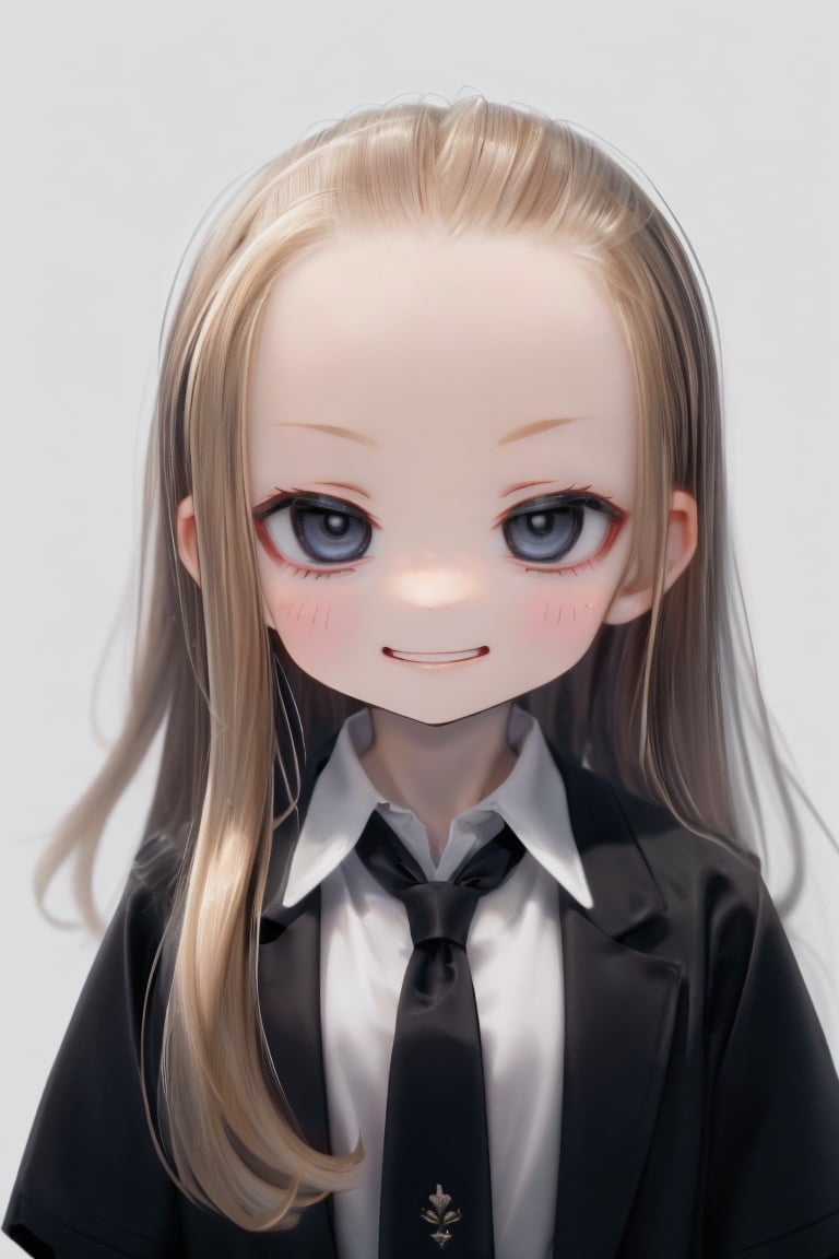 (little girl,loli:1.2),solo,close-up,flat chest,(blonde hair:1.2),short hair,(hairline:1.4),puffy hair,wavy hair,black eyes,(half-closed eyes:1.2),(squinting:1.2),(smirk:1.2),unconscious,hollow,collared shirt,necktie,