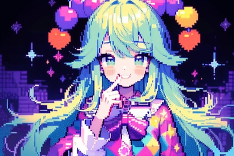 nintendo xsp party girl, in the style of shige's visual aesthetic style, luminous palette, kawacy, mosaic-like, clowncore, cute and colorful, musical academia,pixel art,像素