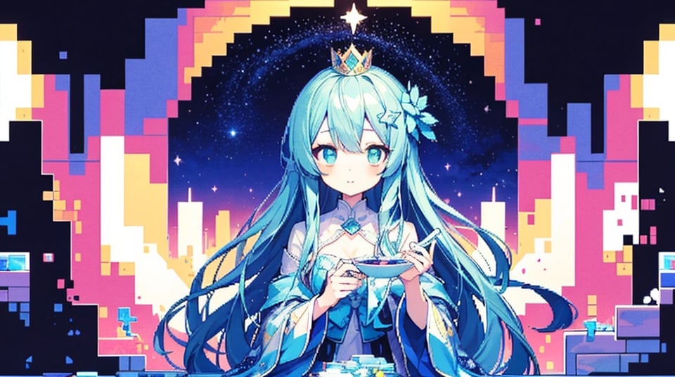 an anime girl with a crown in her hair, in the style of animated mosaics, furry art, the stars art group (xing xing), caninecore, shiny eyes, white and cyan, piles/stacks,pixel art,像素