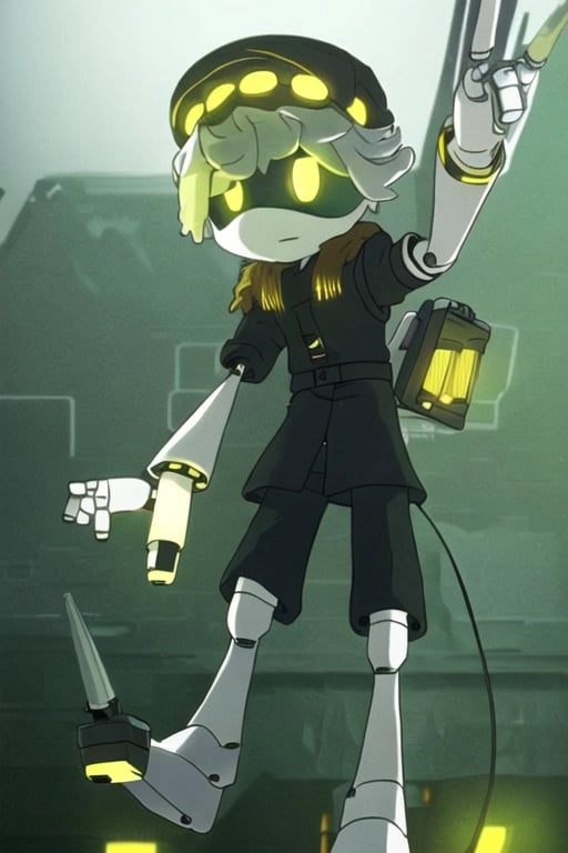 N (Murder Drones), 1boy, robot, cyber tail, syringe on tail, lights on head, fluffy jacket, pilot hat, murder drone, android, robot, robot joints, glowing eyes yellow eyes, white hair, white skin, perfect anatomy, solo