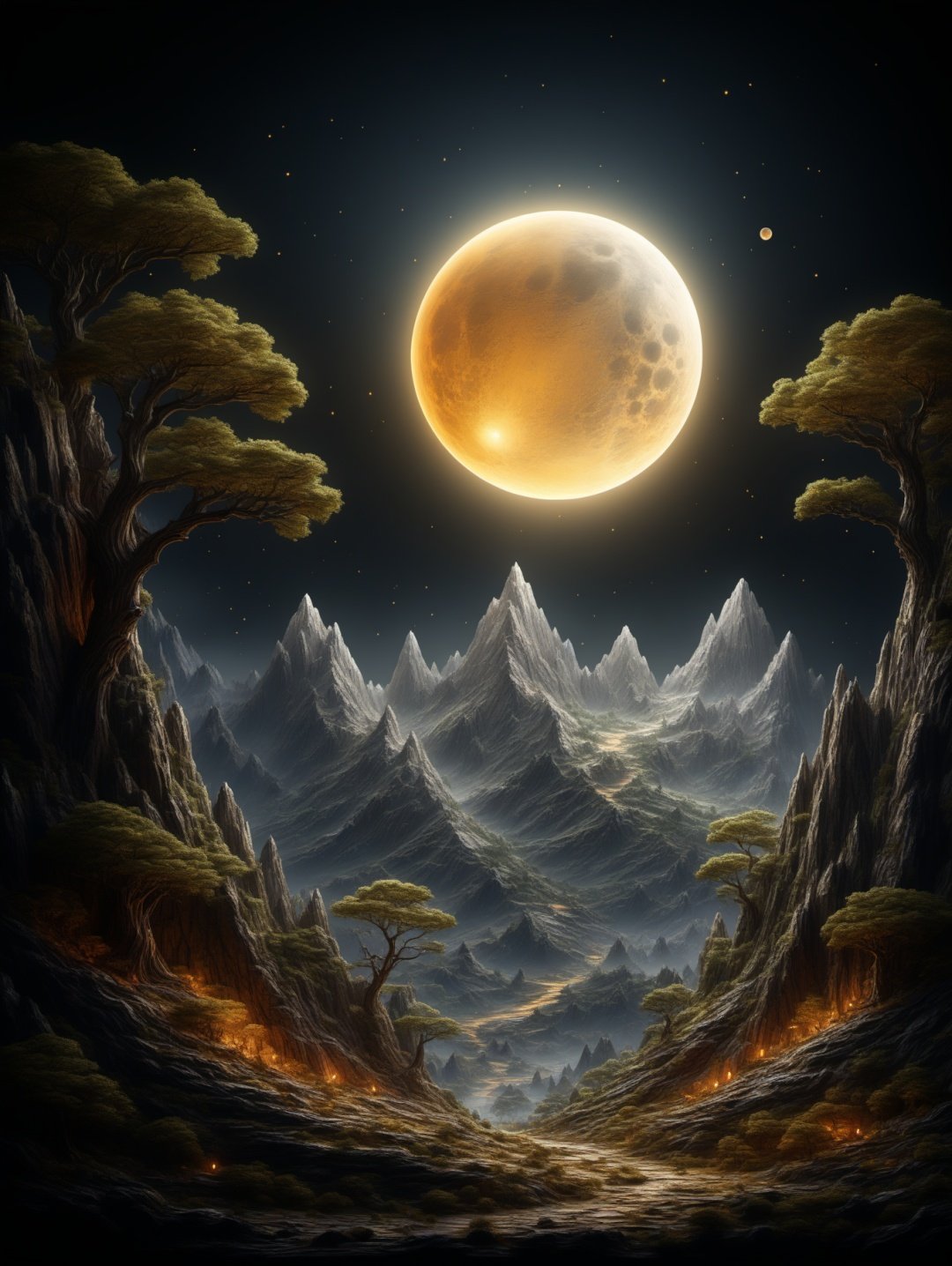 BJ_Full_Moon,tree,scenery,full_moon,mountain,photo,8k,intricate,highly detailed,majestic,digital photography,(masterpiece, sidelighting, finely detailed beautiful eyes:1.2),hdr,realistic,high definition,<lora:Full_Moon(7560):0.7>,