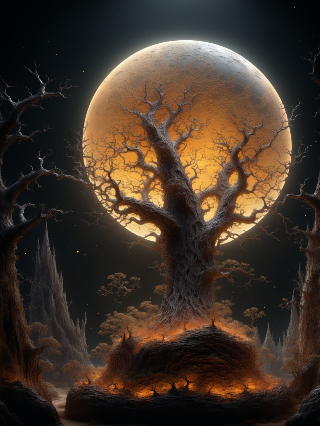 BJ_Full_Moon, outdoors, sky, tree, no_humans, moon, scenery, fantasy, bare_tree,photo,8k,intricate,highly detailed,majestic,digital photography,(masterpiece, sidelighting, finely detailed beautiful eyes:1.2),hdr,realistic,high definition,<lora:Full_Moon(7560):0.7>,