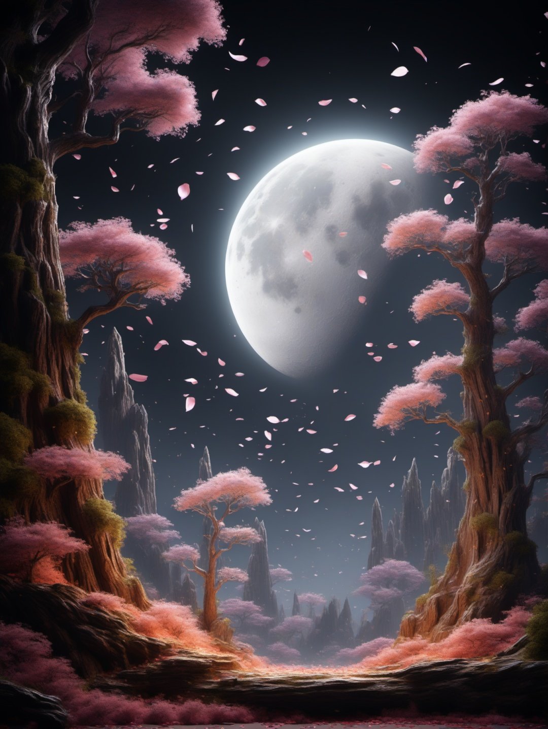 BJ_Full_Moon,outdoors,tree,petals,no_humans,night,moon,scenery,full_moon,photo,8k,intricate,highly detailed,majestic,digital photography,(masterpiece, sidelighting, finely detailed beautiful eyes:1.2),hdr,realistic,high definition,<lora:Full_Moon(7560):0.7>,