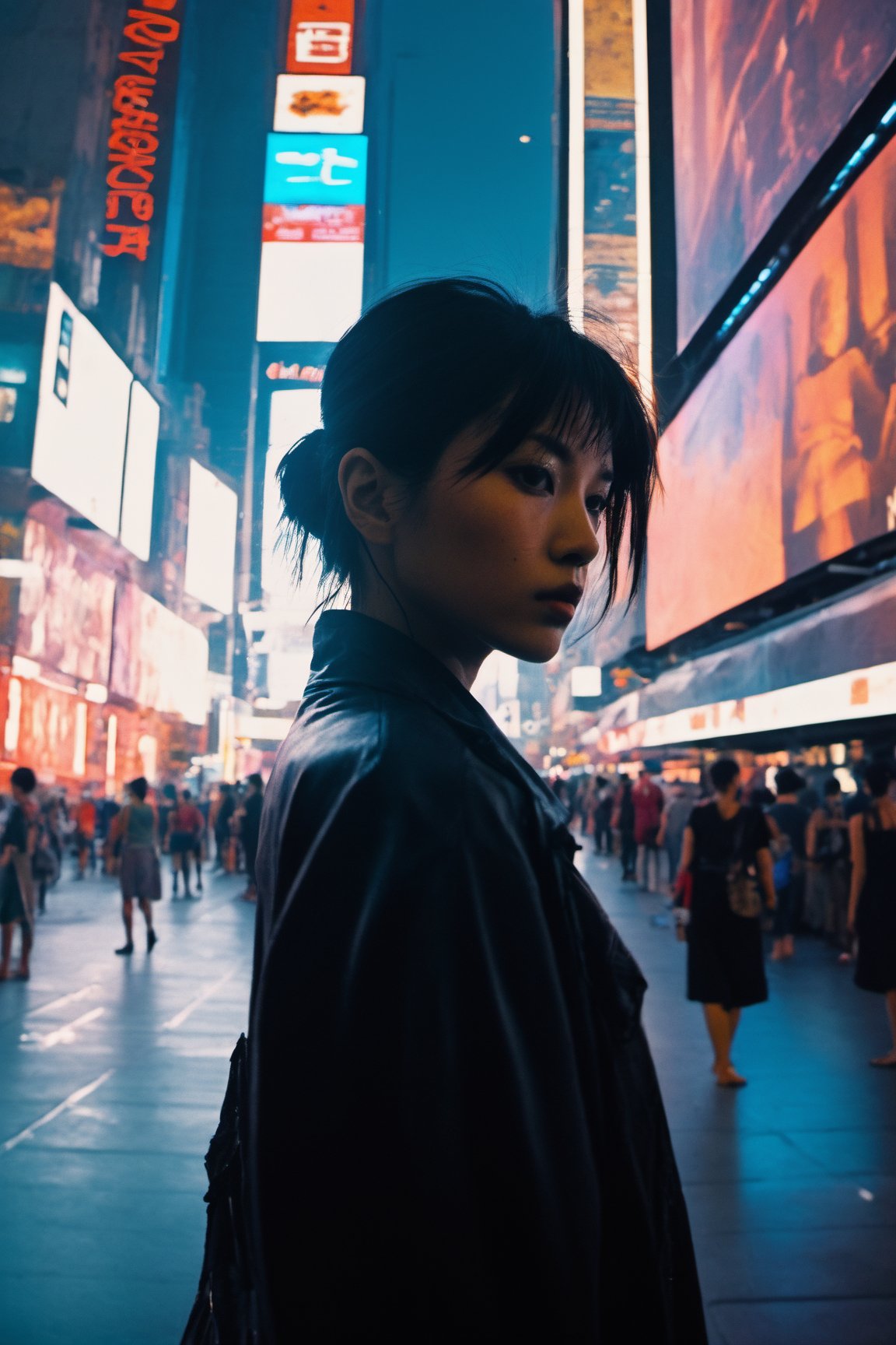 1girl,  vietnam:1.3,  teen girl,  1 female detailed face time square detailed background cyberpunk shadow dramatic lighting by Bill Sienkiewicz ( SimplepositiveXLv1:0.7)