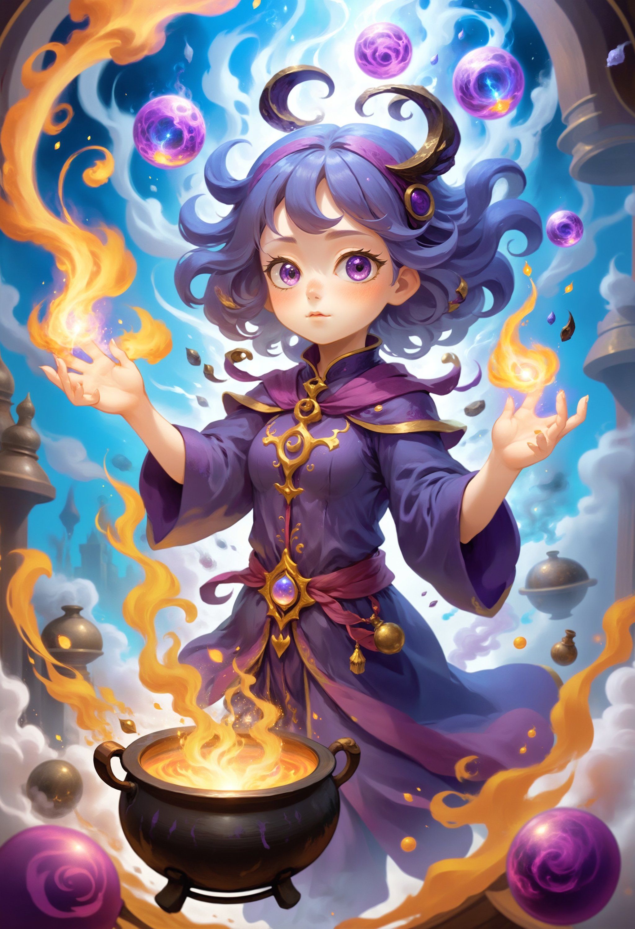 dreamwave,aesthetic,anime,  young girl practices her spellcasting abilities, stands before a cauldron filled with mysterious ingredients, chanting ancient incantations as she stirs the mixture clockwise with a golden wand. Suddenly, sparkling purple smoke erupts from the potion, swirling around her body while she raises both arms high above her head in triumph. With determination etched on her face,  lora:Dreamwave_SDXL:1