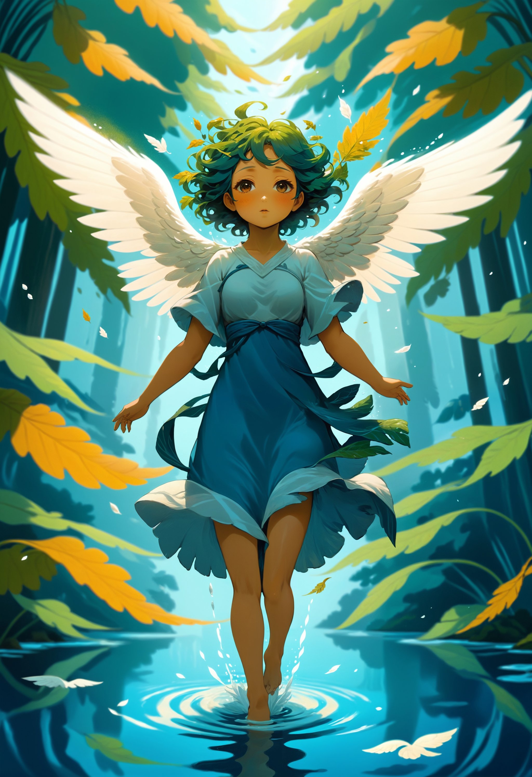 dreamwave,aesthetic,anime, woman, wings on back, angel, walking above water, walking towards, windy, leafs  lora:Dreamwave_SDXL:1
