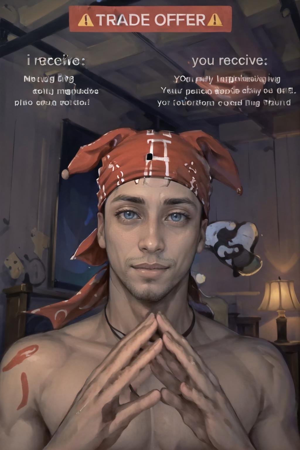 Highly detailed, High Quality, Masterpiece, beautiful, 1boy, TradeOfferMeme, own hands together, <lora:TradeOfferMeme:0.85>, Ricardo, red bandana on the head, <lora:Char_Sigmas_RicardoMilos:0.85>