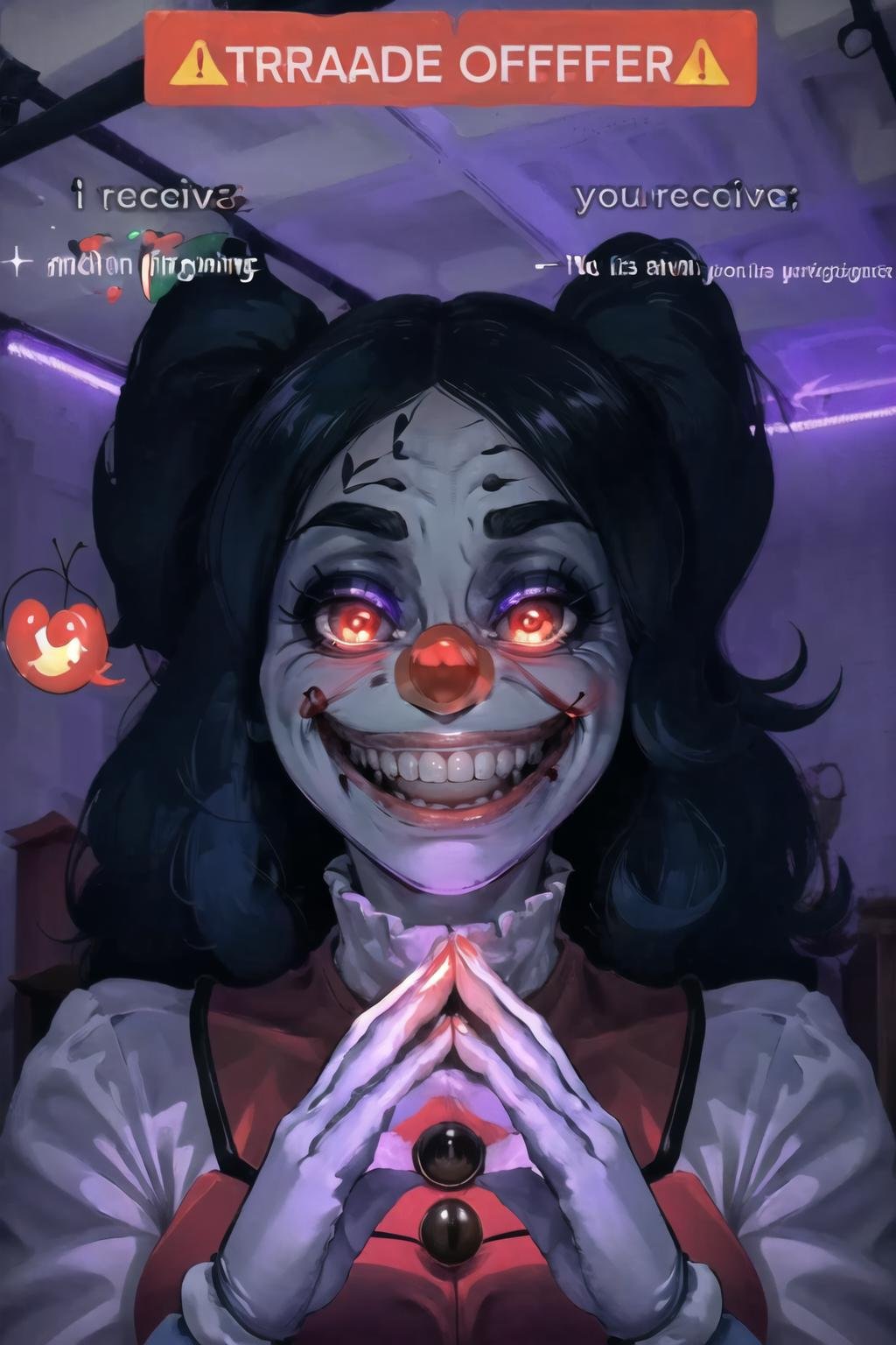 Highly detailed, High Quality, Masterpiece, beautiful, 1girl, TradeOfferMeme, own hands together, <lora:TradeOfferMeme:1>, edgClussy, red clown nose, <lora:Outfit_Clussy:0.65>, Exe, teeth, horror (theme), red eyes, smile, sharp teeth, glowing, dark, blood, tongue, grin, glowing eyes, evil smile, <lora:Pos_EXEHardcore:0.45>