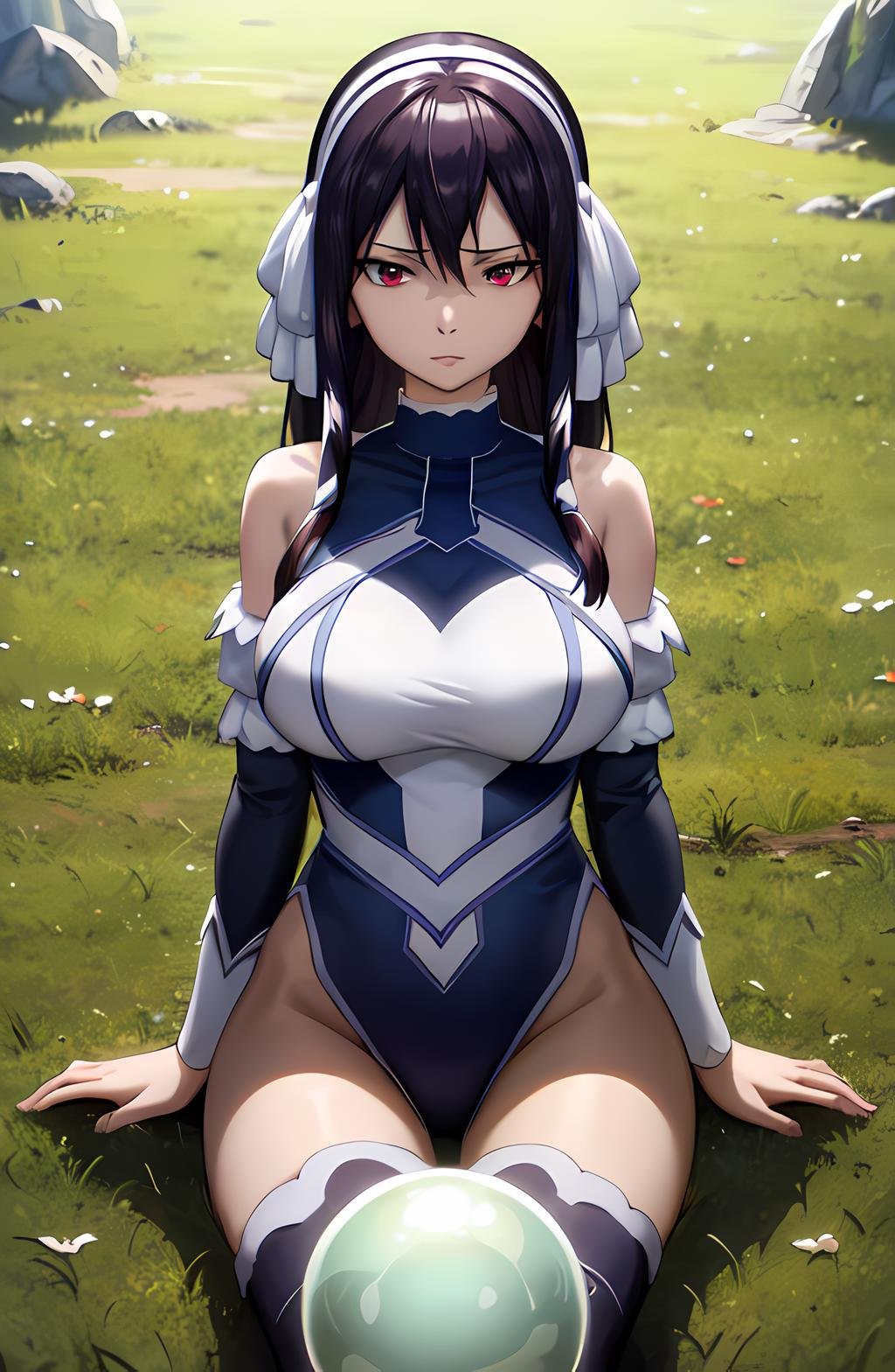 masterpiece, absurdres , (intricate details), (colorful),cinematic lighting,bust shot,extremely detailed CG unity 8k wallpaper, ultearls, 1girl,<lora:ultear:0.8>, sitting, on grass, looking at viewer, arm support, orb, holding, 