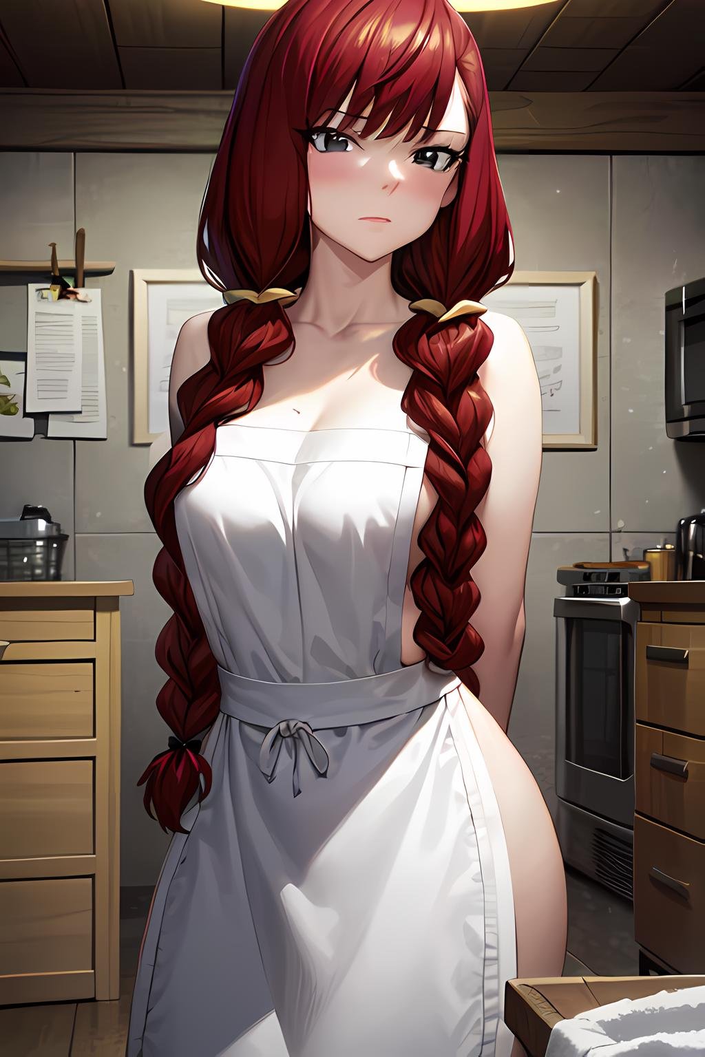 masterpiece, absurdres , (intricate details), (colorful),cinematic lighting,bust shot,extremely detailed CG unity 8k wallpaper, irenernd, 1girl, extra long braids, <lora:irene-05:1>, washing machine,nude, naked apron, kitchen, arms behind back, blush, looking at viewer