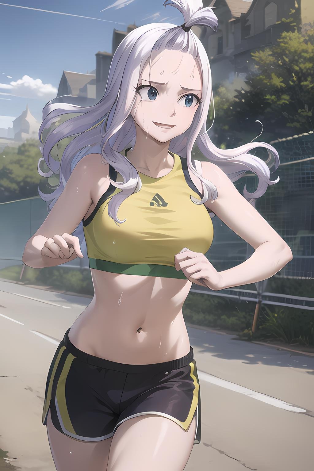 masterpiece, absurdres , (intricate details), (colorful),cinematic lighting,bust shot,extremely detailed CG unity 8k wallpaper, mirarnd, 1girl, seductive smile, <lora:mira-05:1>, sports bra,shorts, sportswear,sweat, running,outdoors,park, sunlight, exercise,floating hair