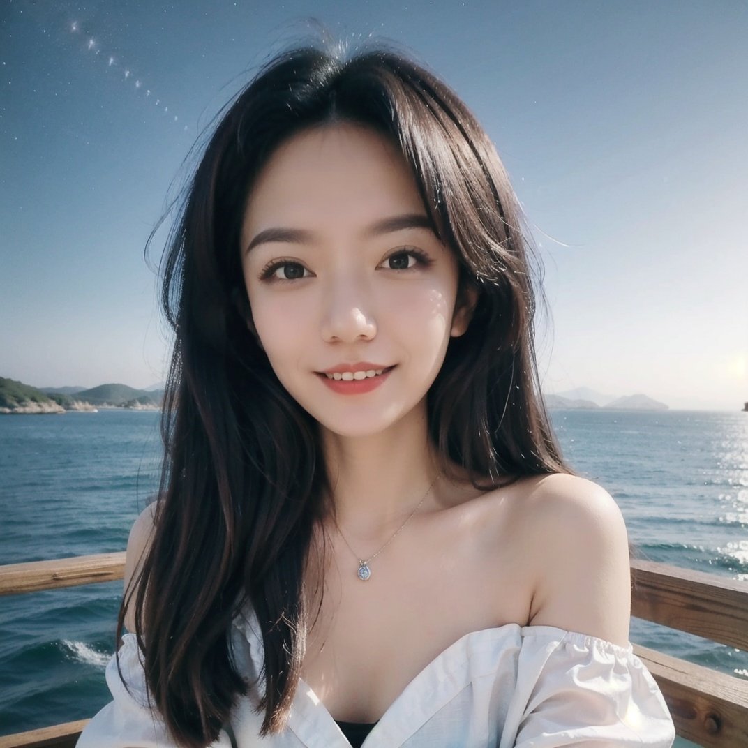 Wearing a cheongsam, off the shoulder, long haired and smiling beauty, at night, by the sea, starry sky, with delicate facial features