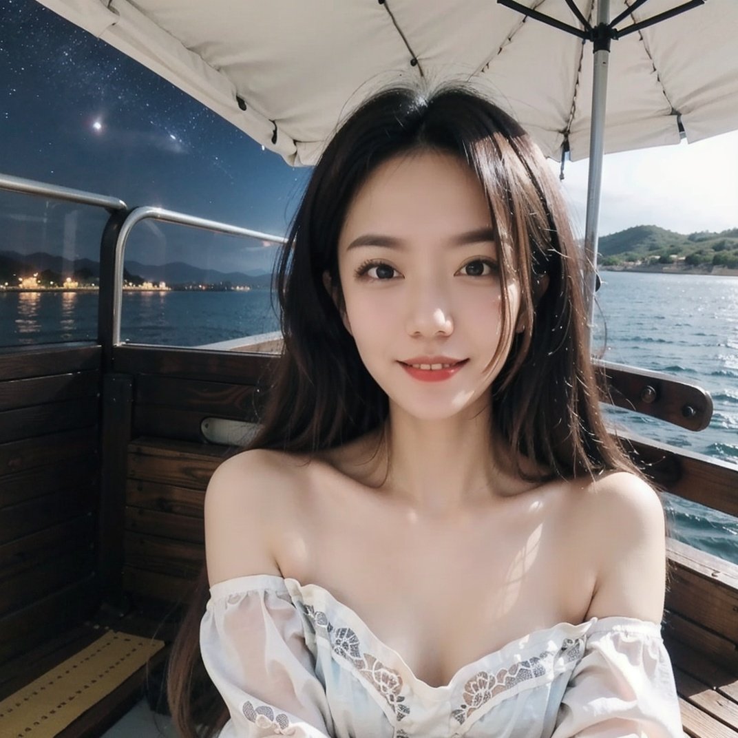 Wearing a cheongsam, off the shoulder, long haired and smiling beauty, at night, by the sea, starry sky, with delicate facial features