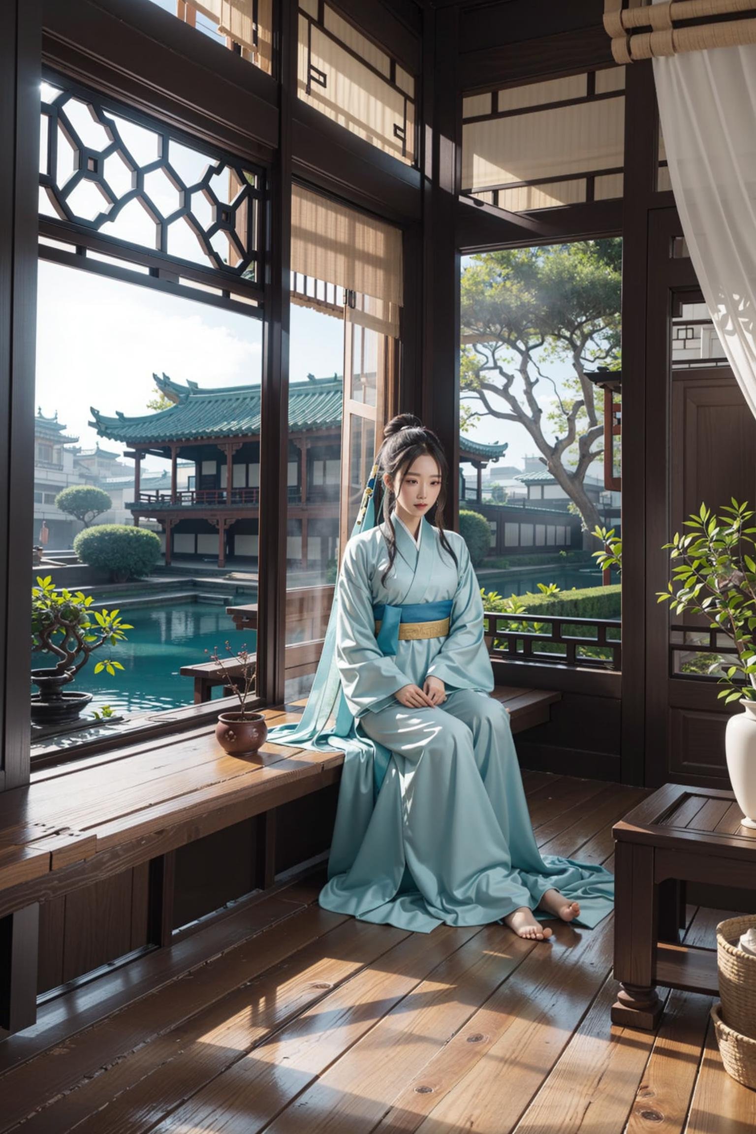 (masterpiece:1.3),(best quality:1.2),8k,absurdres,unity 8k wallpapper,(extremely detailed:1.3),highestres,(1girl:1.2),sitting,looking to the side,,ancient_chinese_indoors,(window:1.3),indoors,(courtyard:1.3),sunlight,painting (object),blurry,curtains,tree,plant,see-through,(trees out of the window:1.2),(translucence:1.2),,hanfu,wooden floor, <anci <lora:ancient_chinese_indoors-07:1>,water,lake,lotus,feet,mist,trees,building,(barefoot:1.2), 