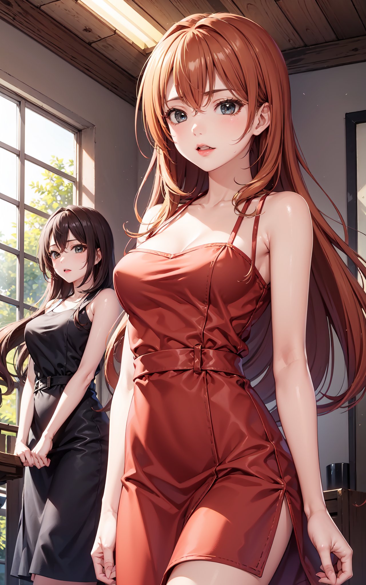 kouko_kaga, dark orange hair, dark eyes, long hair,red Drees(masterpiece:1.2, best quality), (Soft light), (shiny skin), 1girls, 