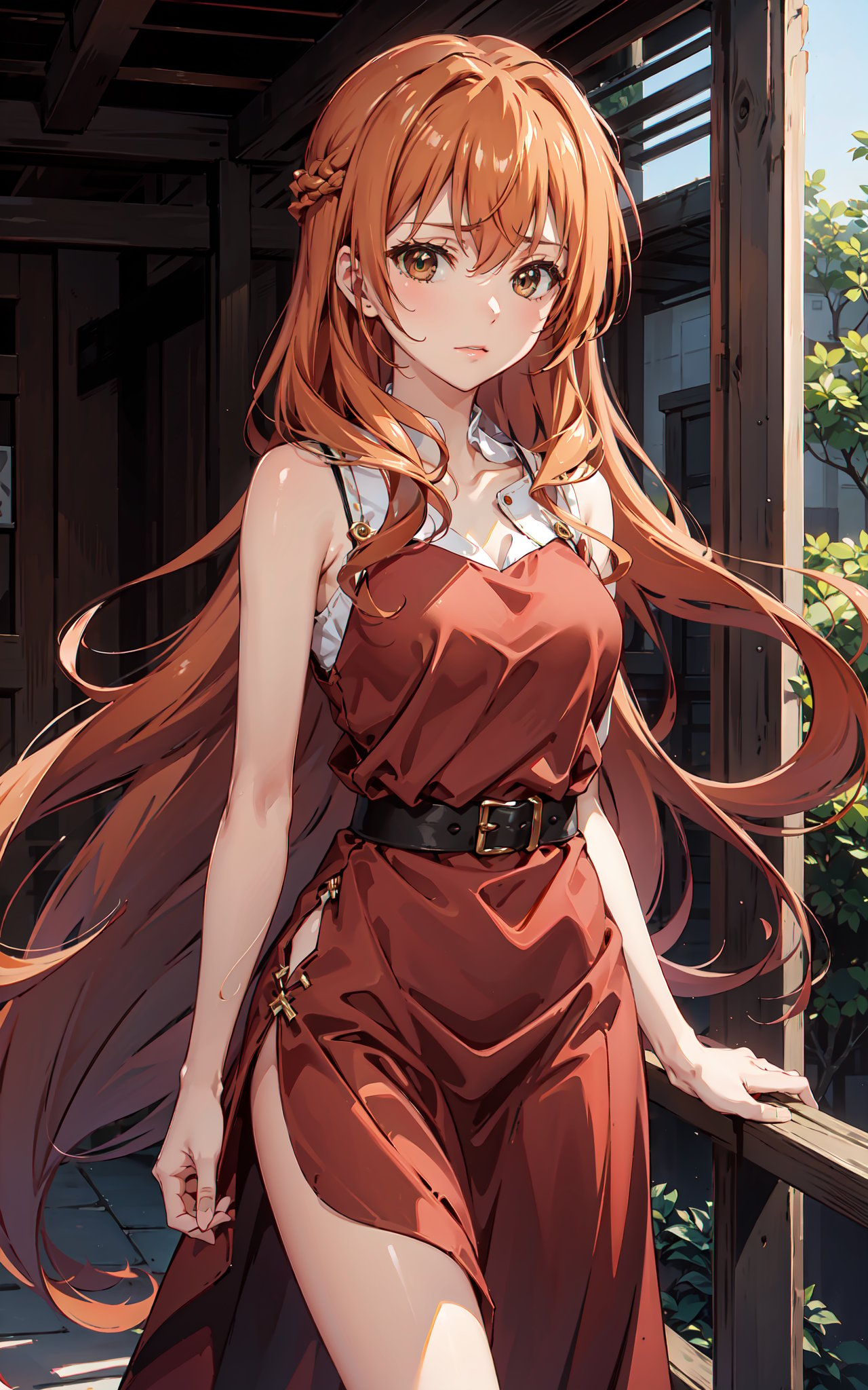 kouko_kaga, dark orange hair, dark eyes, long hair,red Drees(masterpiece:1.2, best quality), (Soft light), (shiny skin), 1girls, 